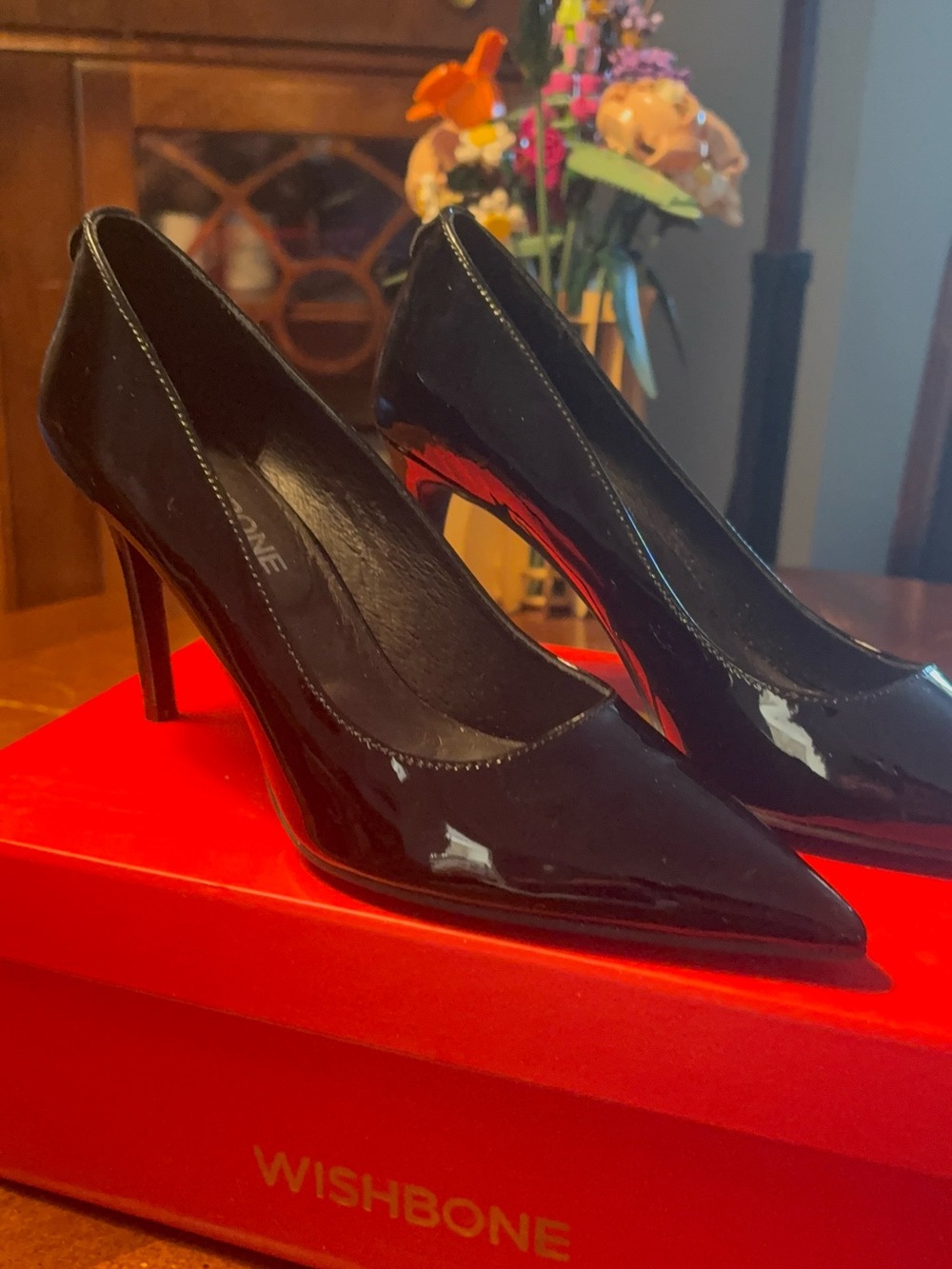 Wishbone Black Patent Pointed-Toe Stiletto Heels